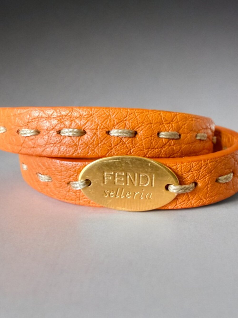 Fendi Selleria Orange Leather Double-Wrap Bracelet
